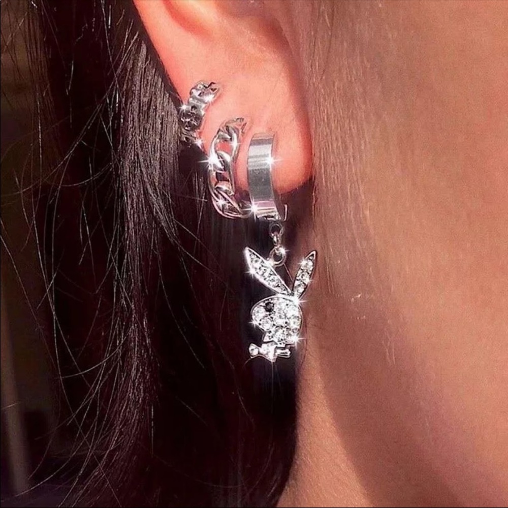 Silver Cubic Zirconia Playboy Bunny Earrings